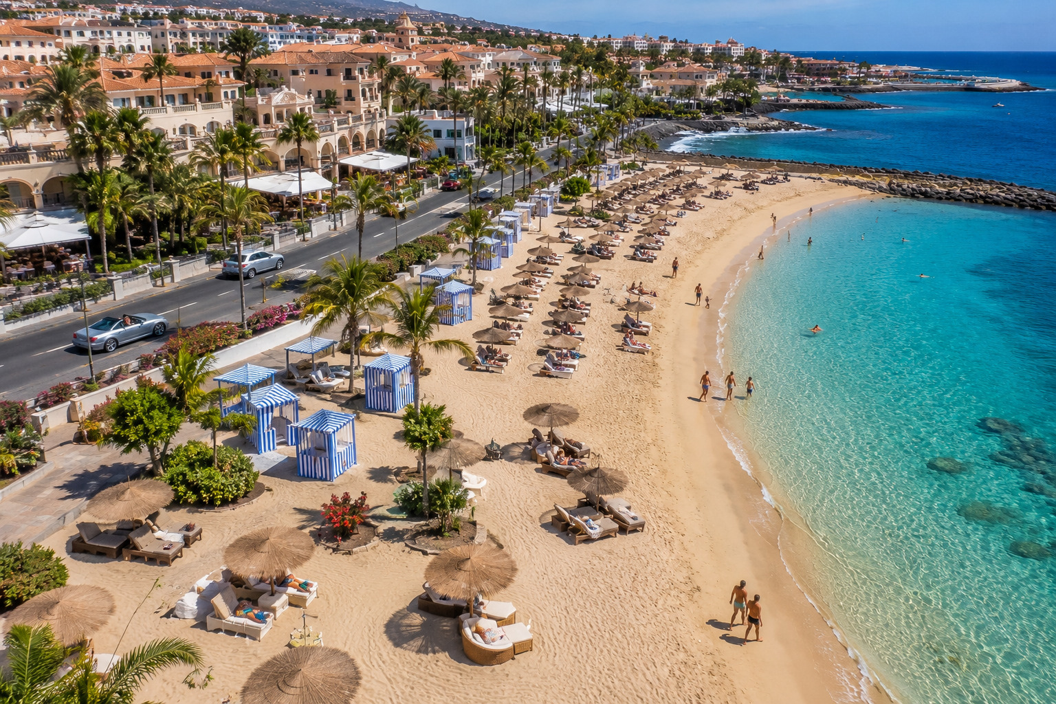 Playa del Duque-stranden — norra Costa Adejes mest polerade och vuxenklientelade del.